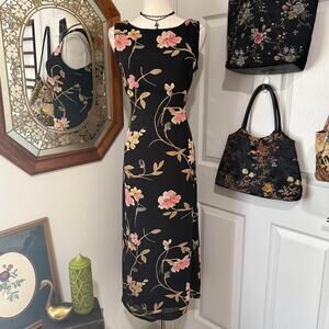 VTG Y2K Petite Sophisticate Black, Pink & Yellow Floral Whimsy High Neck Dress